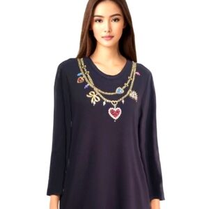 Quaker Factory Artsy Whimsey black beaded embroidery rhinestone pearls top